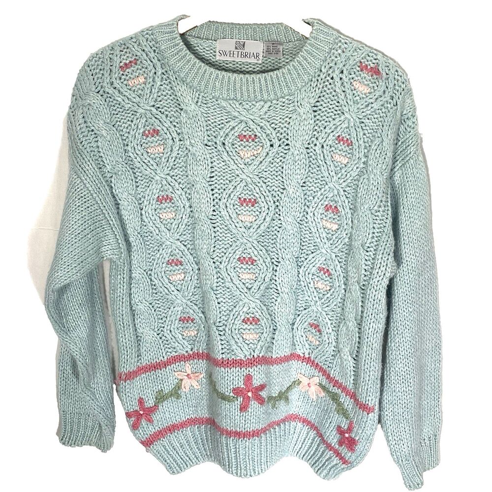 Vintage SWEET BRIAR Sweater Cable Knit Floral 1980s Chunky Womens M Pale Green